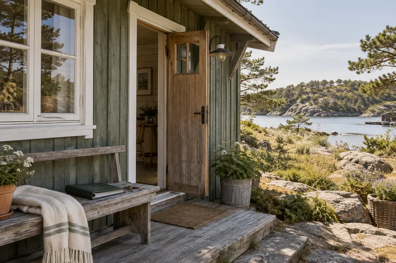 En grønn trehytte ved sjøen, med en mappe og nøkkel på benken ved inngangen.